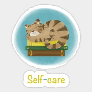 Self-care cat sleeping on books Sticker